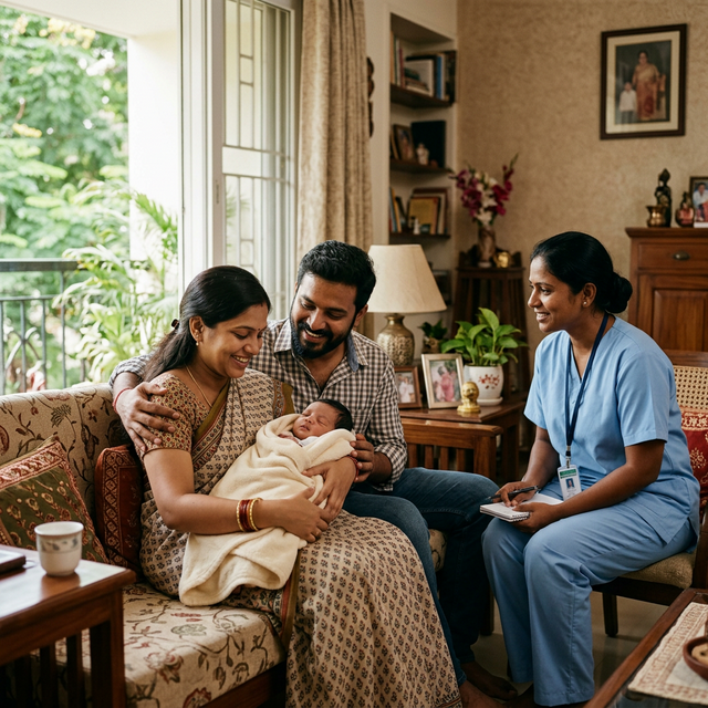 Happy Chennai family with their newborn and caregiver